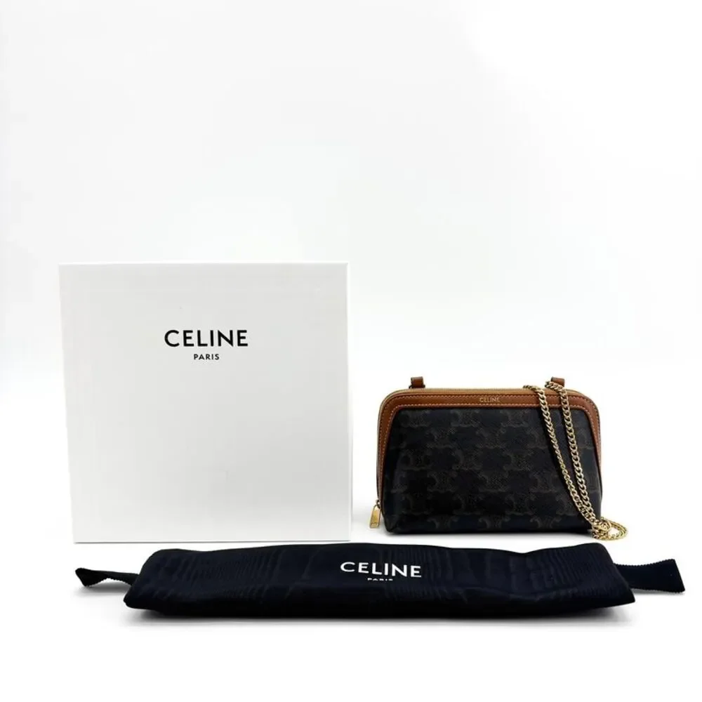 Celine Triomphe Canvas Chain Clutch Tan